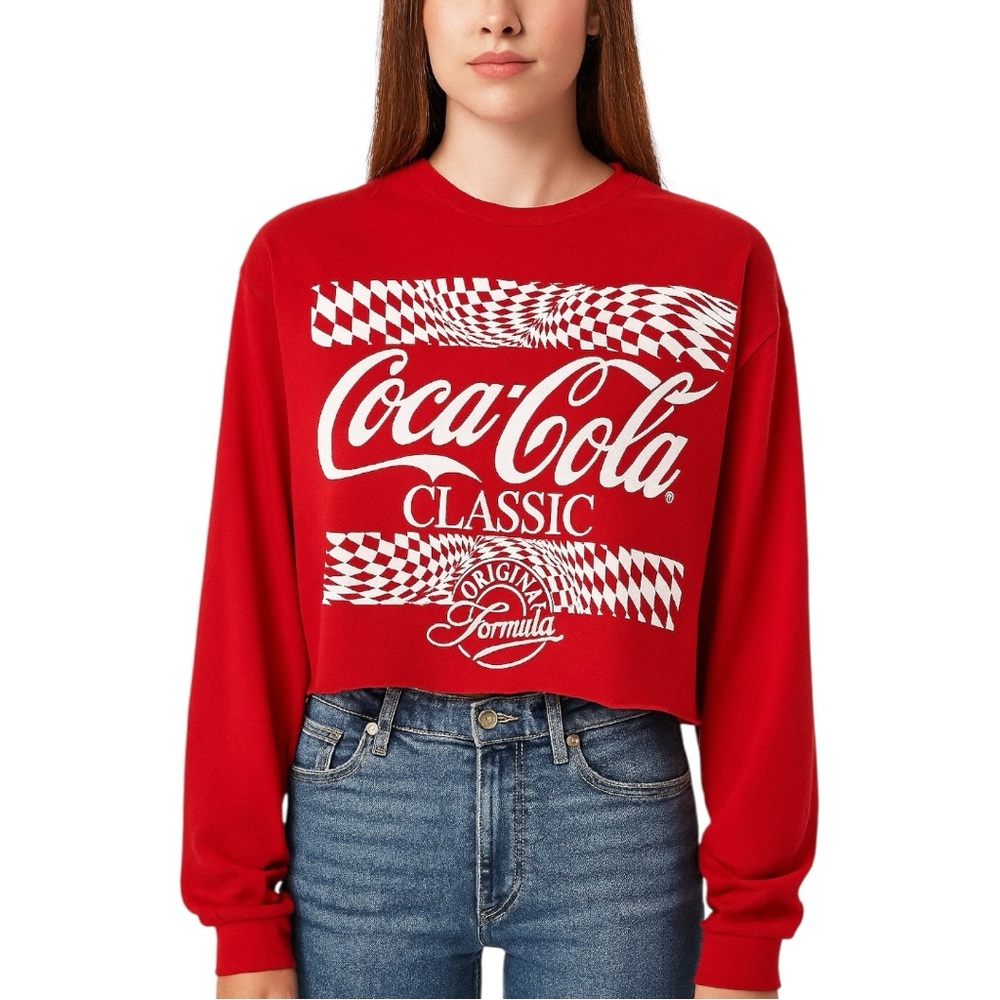 COCA COLA Crop Top Womens Large Red Shirt Long Sleeve